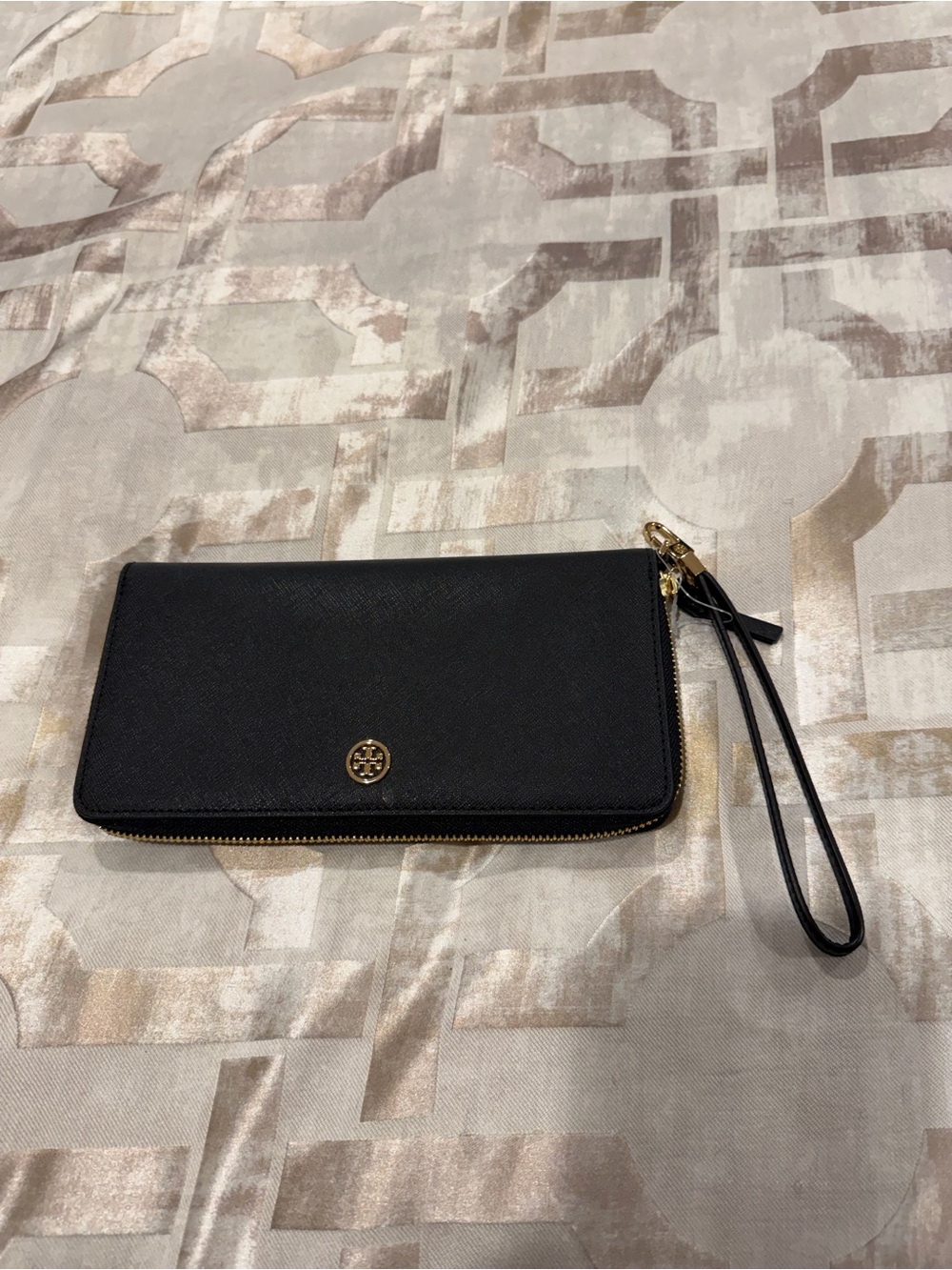Tory Burch Black Leather Zip Wristlet with Gold Logo